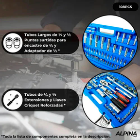 Kit de Herramientas Combinadas Alpina 108 Piezas en Caja de Transporte