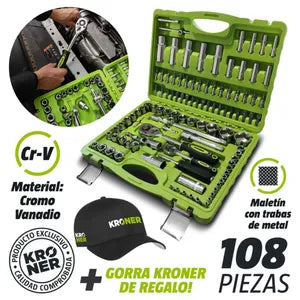 Set Juego de Tubos Llaves y Puntas 108 Piezas Kroner Cromo Vanadio Profesional