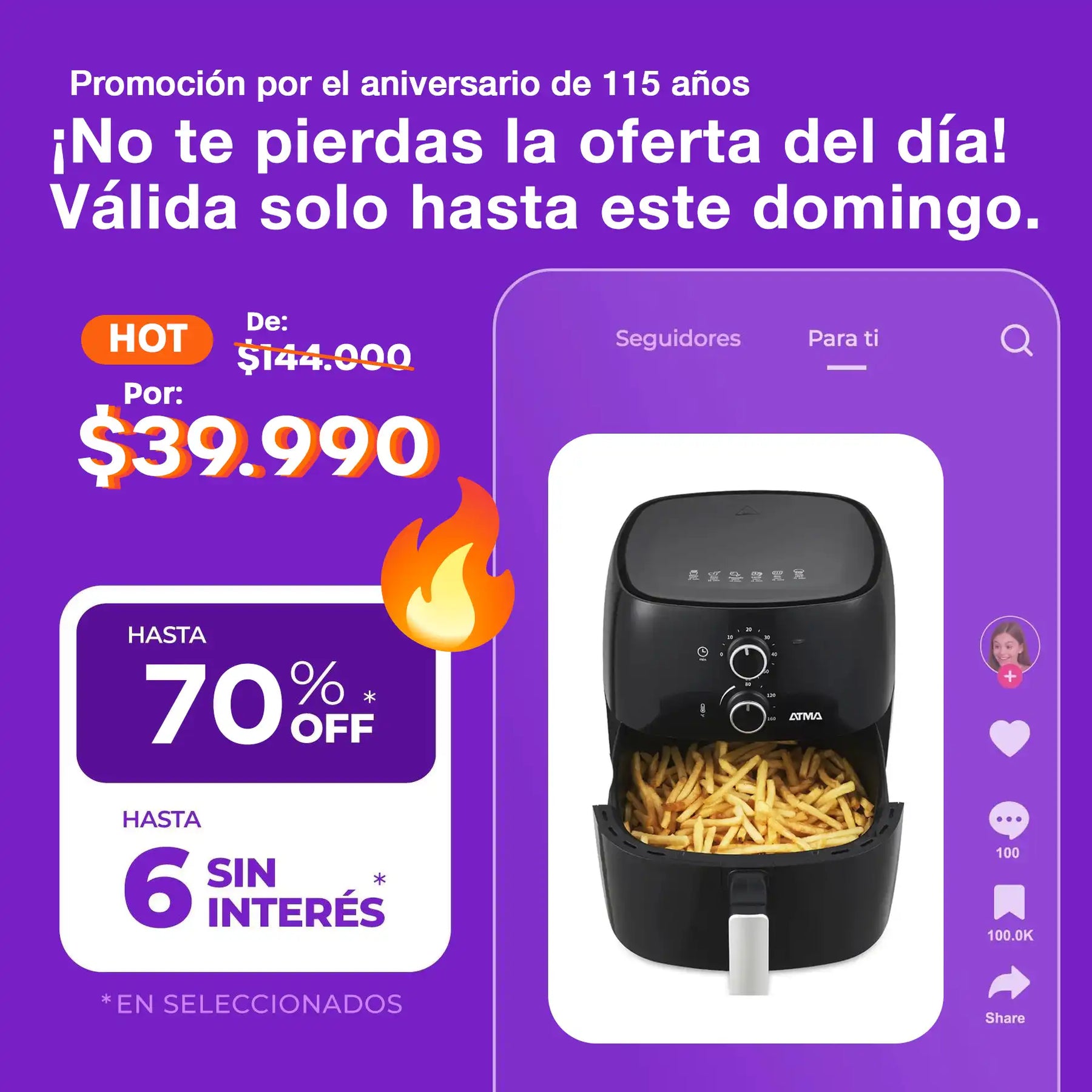 Freidora De Aire Atma Fr60mabp 1300 W 6.5 L Con Temporizador