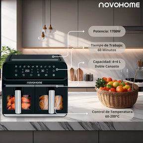 Freidora de Aire Novohome Digital 8Lts Doble Canastos 4+4 1700W NH-AF DUAL 100W